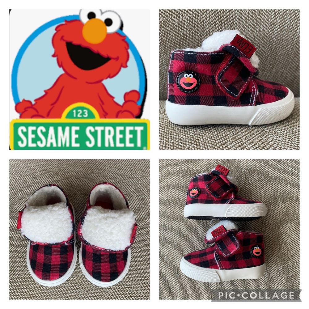 Elmo Buffalo Plaid Sherpa Lined Hi Top Sneakers. Red/Black Plaid w/Velcro. Sz 2W